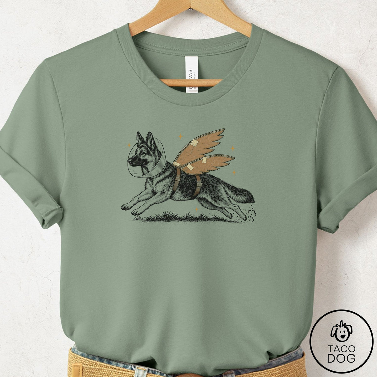 German Shepherd Vet Wings T-Shirt Sage Taco-Dog