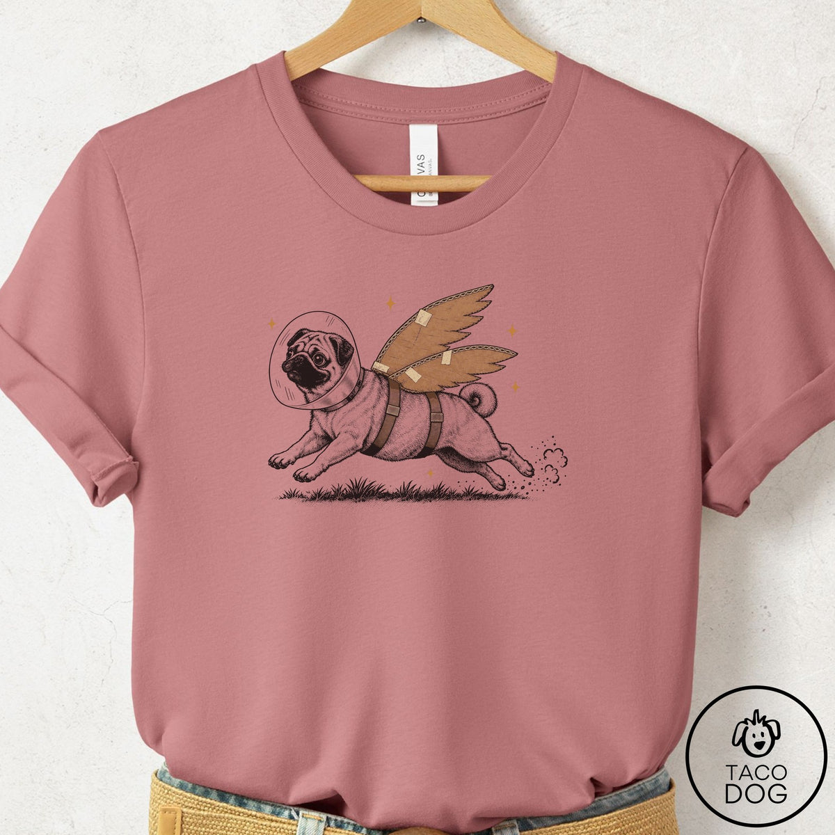 Pug Vet Wings T-Shirt Mauve Taco-Dog