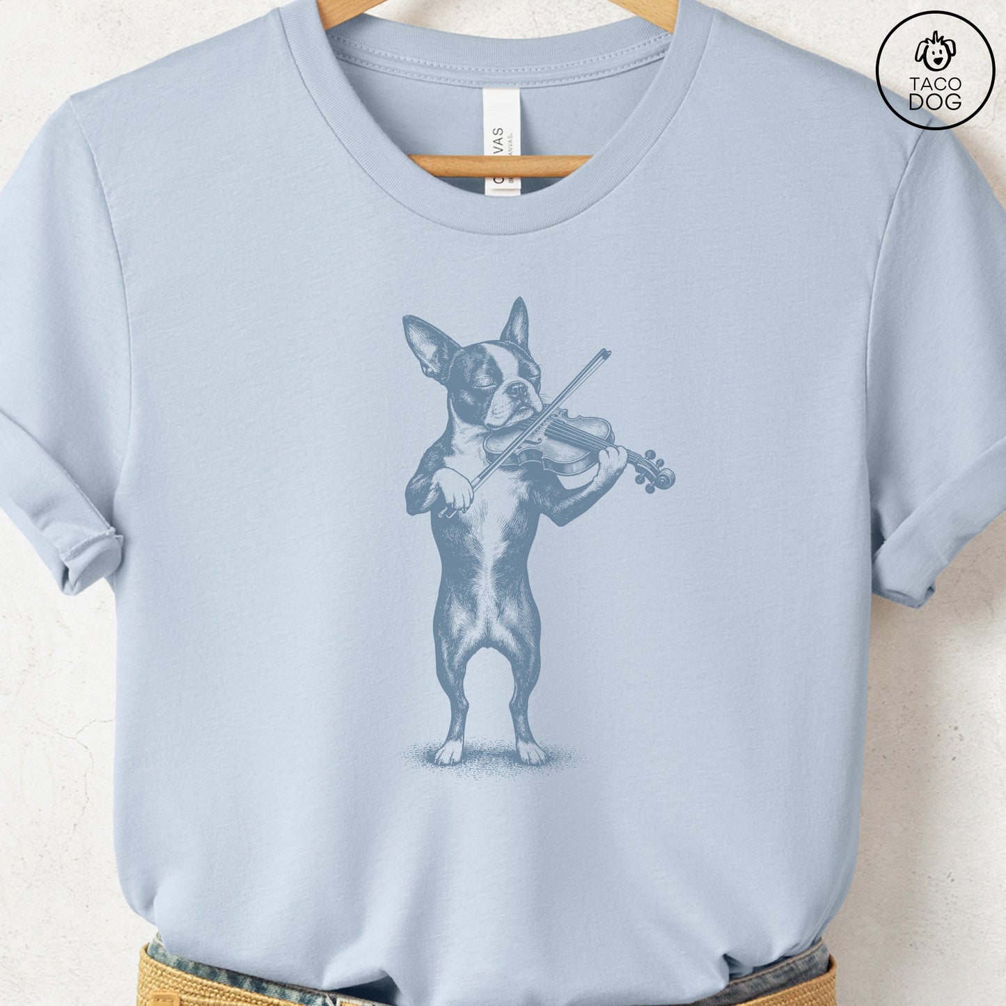 Boston Terrier Violin T-Shirt Light Blue S Taco-Dog