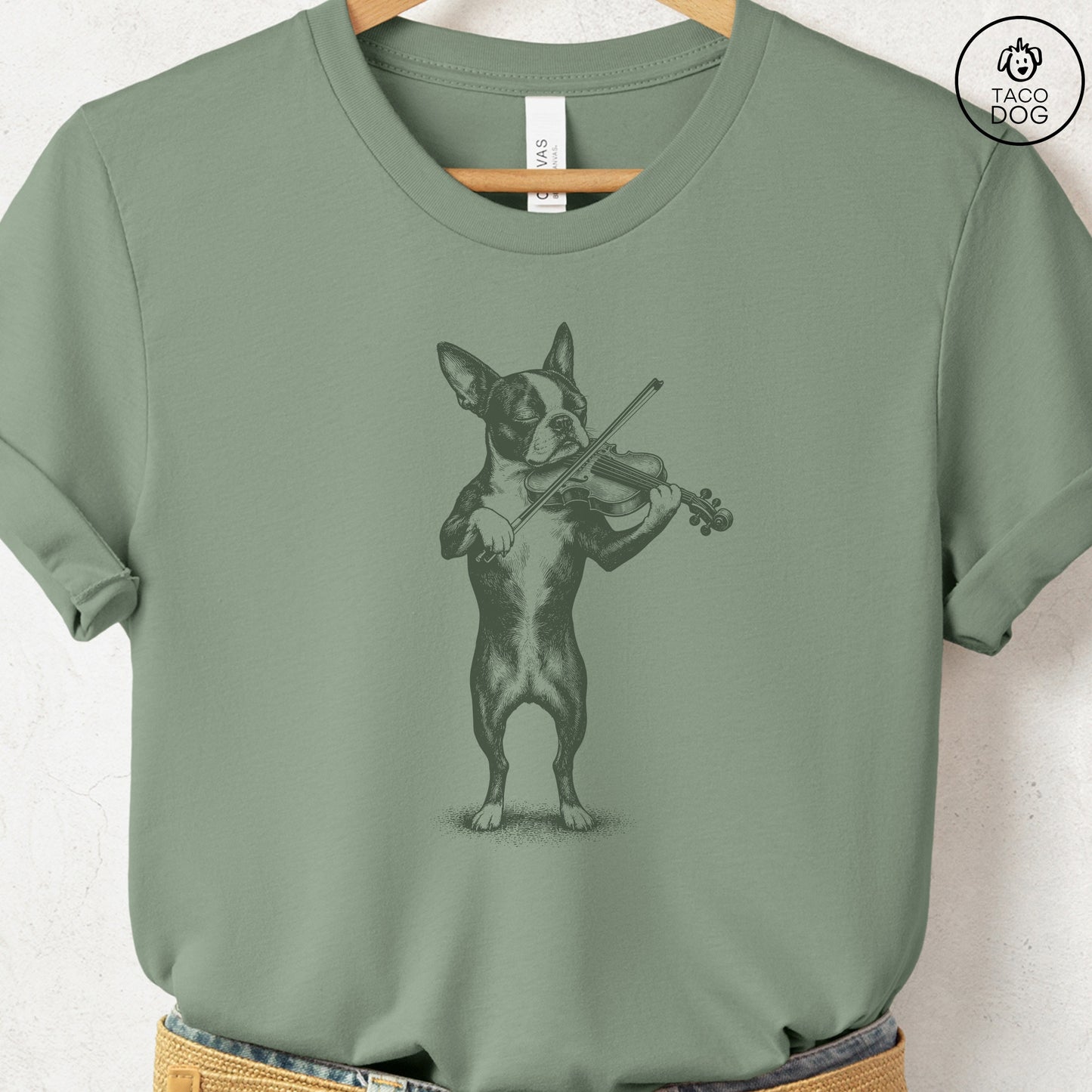 Boston Terrier Violin T-Shirt Sage S Taco-Dog