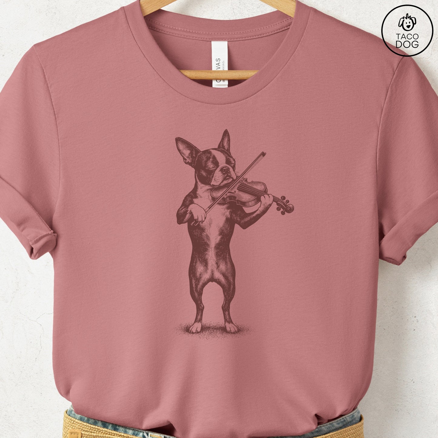 Boston Terrier Violin T-Shirt Heather Mauve S Taco-Dog