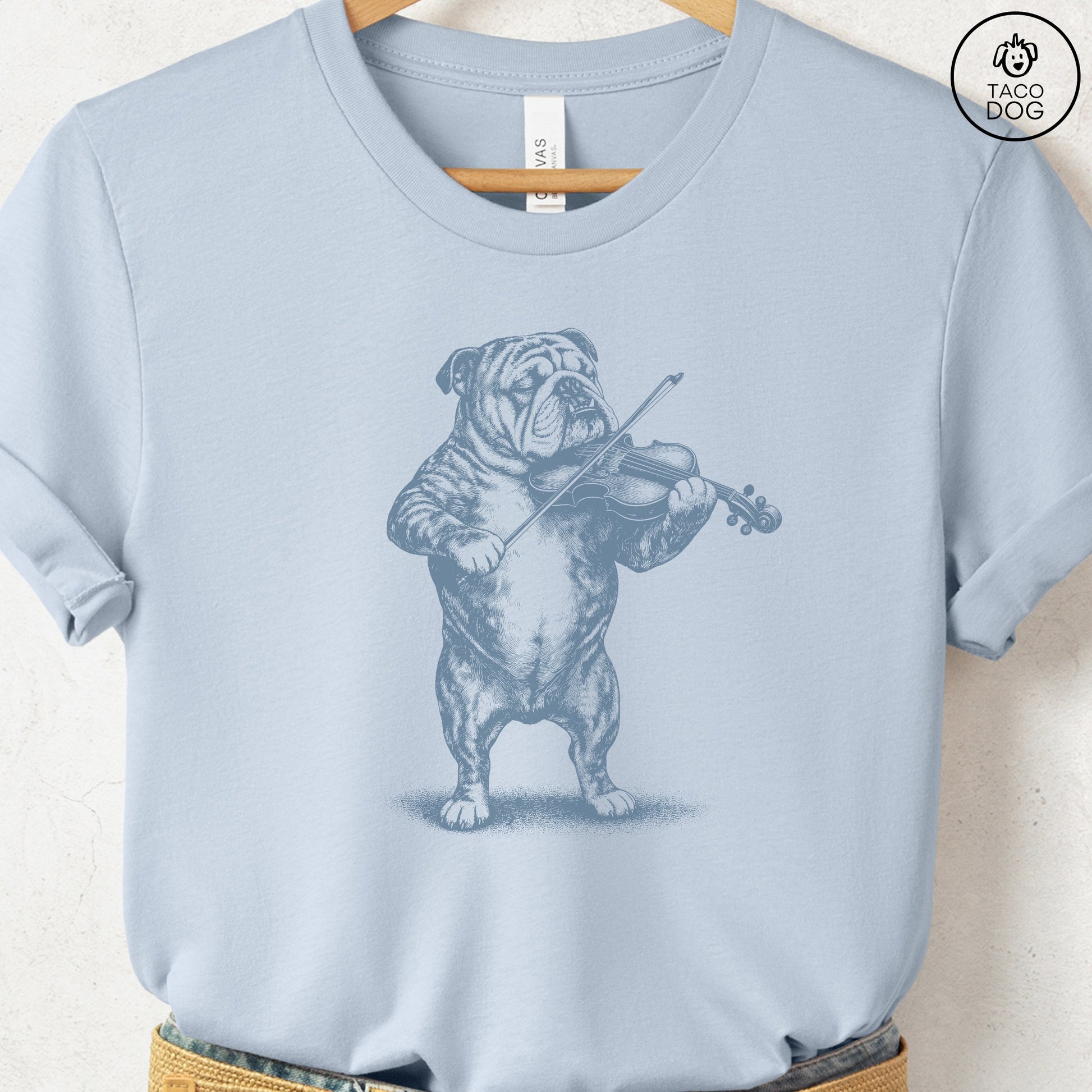 English Bulldog Violin T-Shirt Light Blue S Taco-Dog