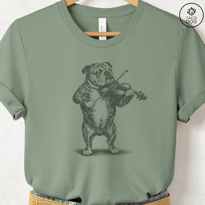 English Bulldog Violin T-Shirt Sage S Taco-Dog