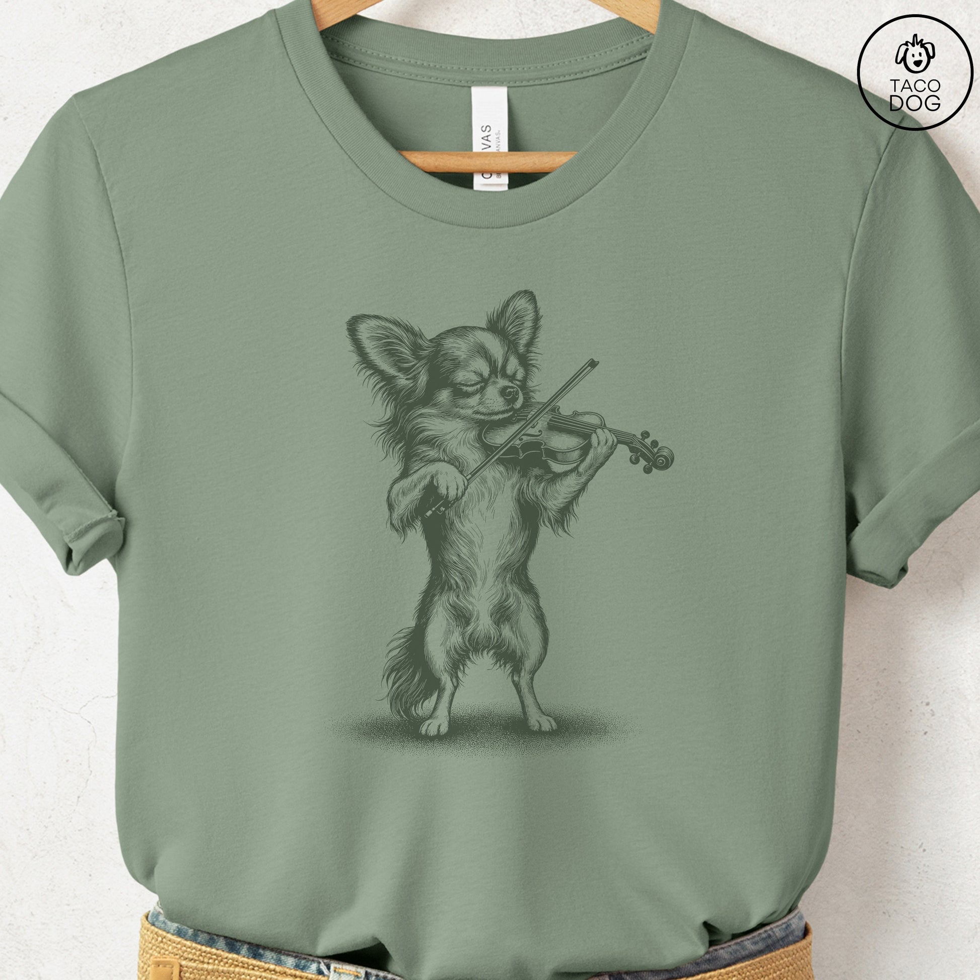 Chihuahua Violin T-Shirt Sage S Taco-Dog