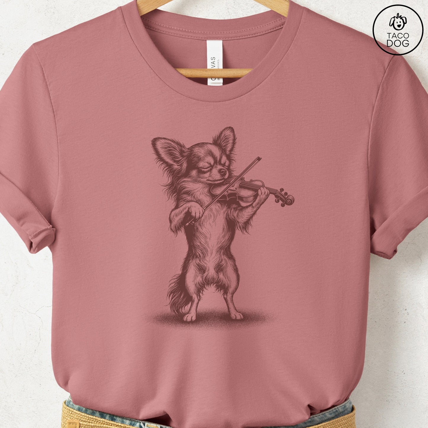 Chihuahua Violin T-Shirt Heather Mauve S Taco-Dog