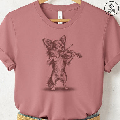 Chihuahua Violin T-Shirt Heather Mauve S Taco-Dog