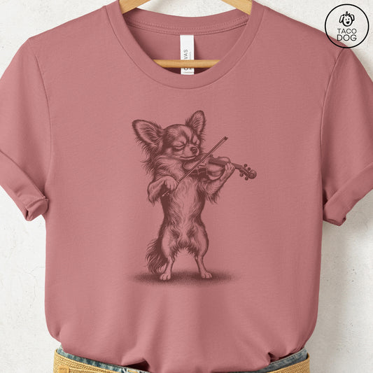 Chihuahua Violin T-Shirt Heather Mauve S Taco-Dog