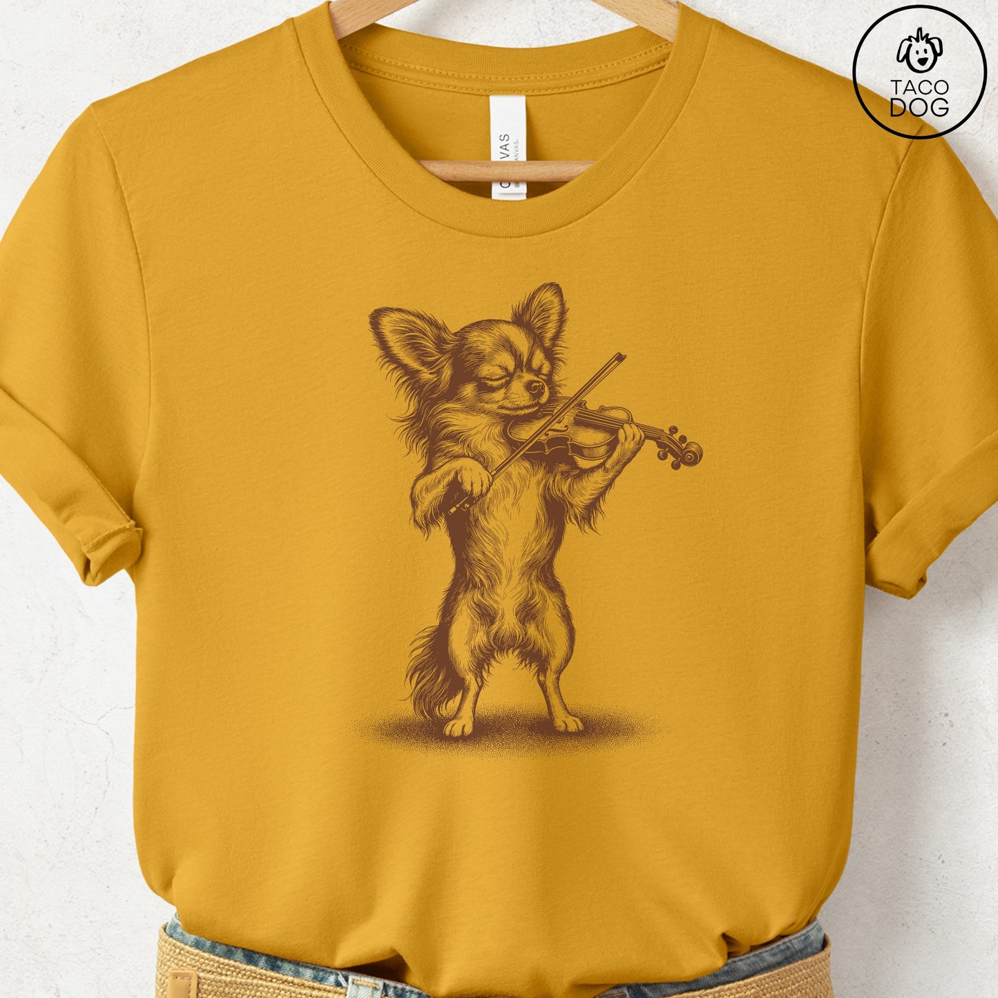 Chihuahua Violin T-Shirt Mustard S Taco-Dog