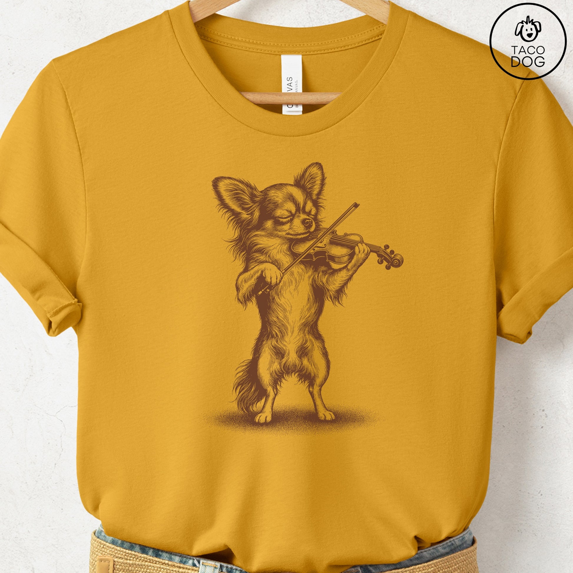 Chihuahua Violin T-Shirt Mustard S Taco-Dog