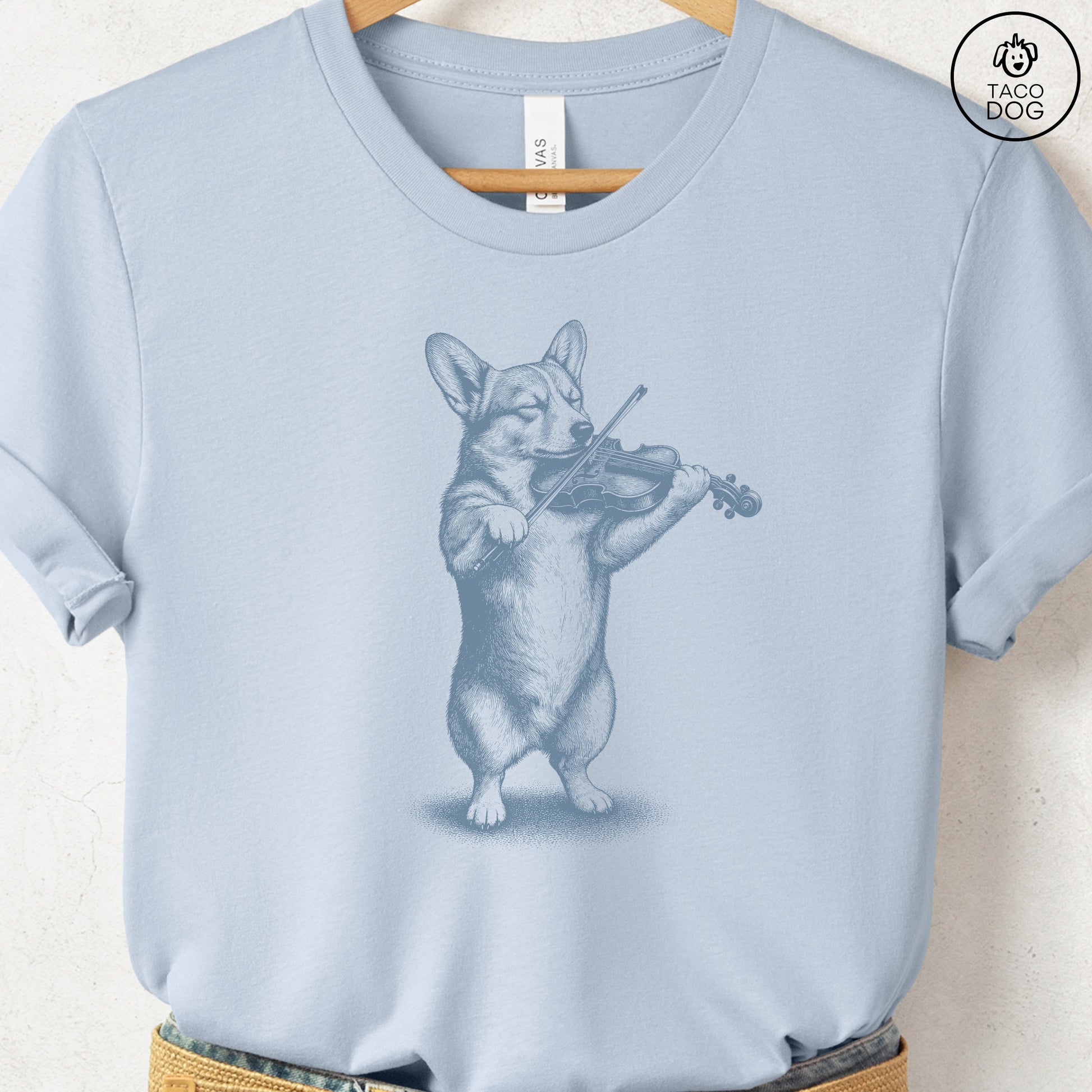 Corgi Violin T-Shirt Light Blue S Taco-Dog
