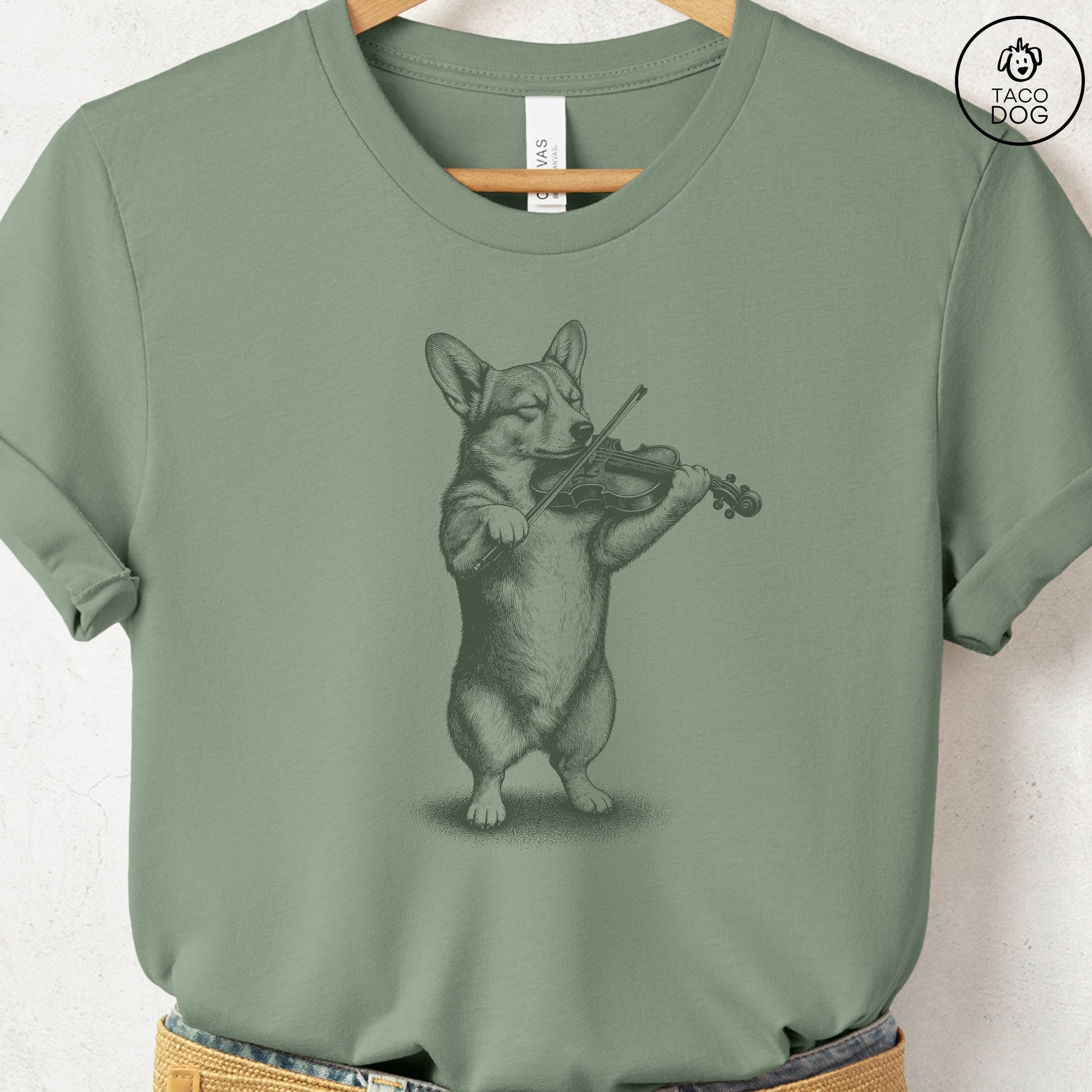 Corgi Violin T-Shirt Sage S Taco-Dog