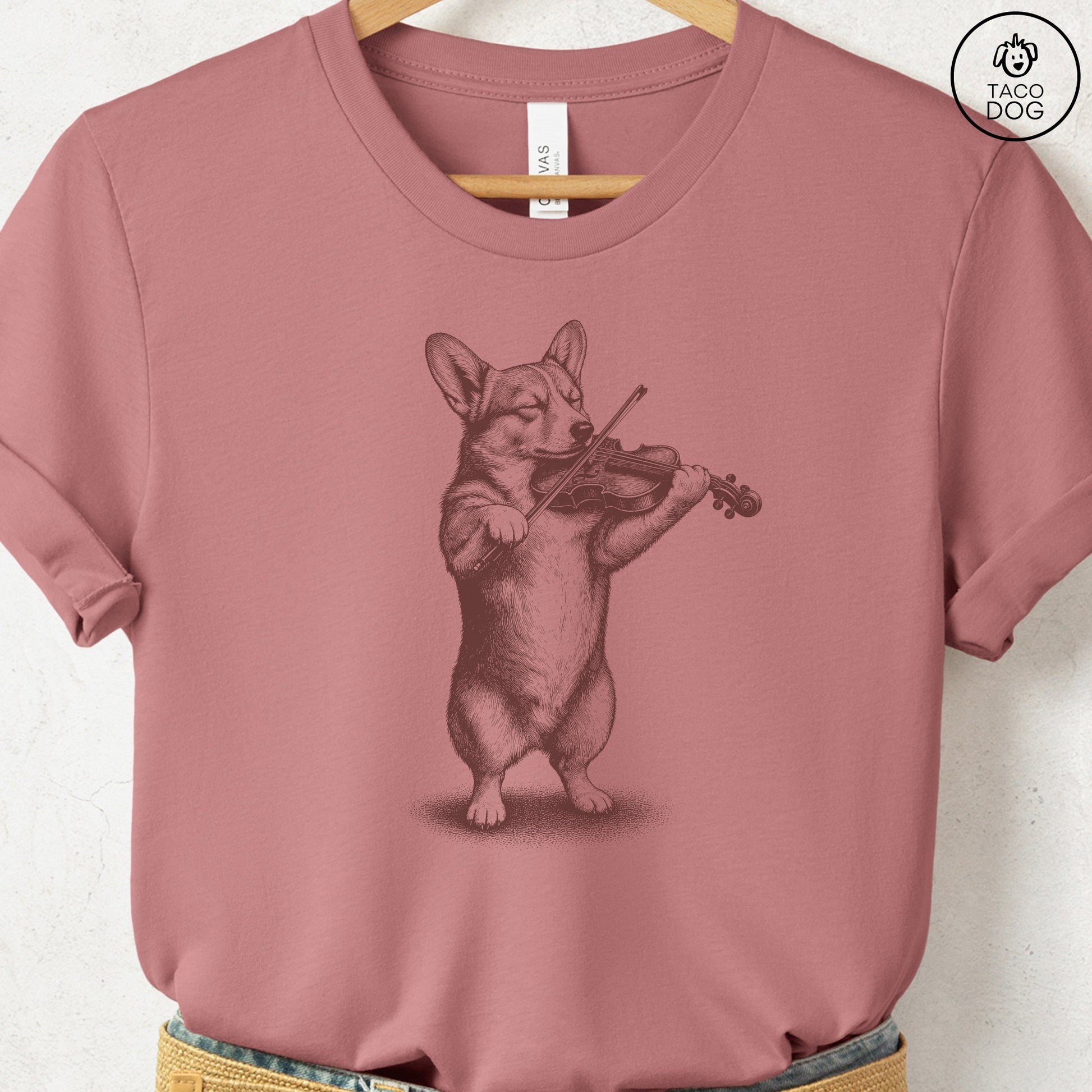 Corgi Violin T-Shirt Heather Mauve S Taco-Dog