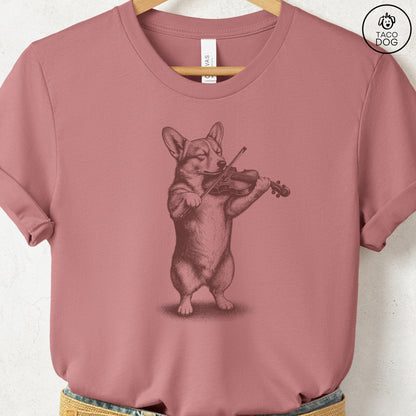 Corgi Violin T-Shirt Heather Mauve S Taco-Dog