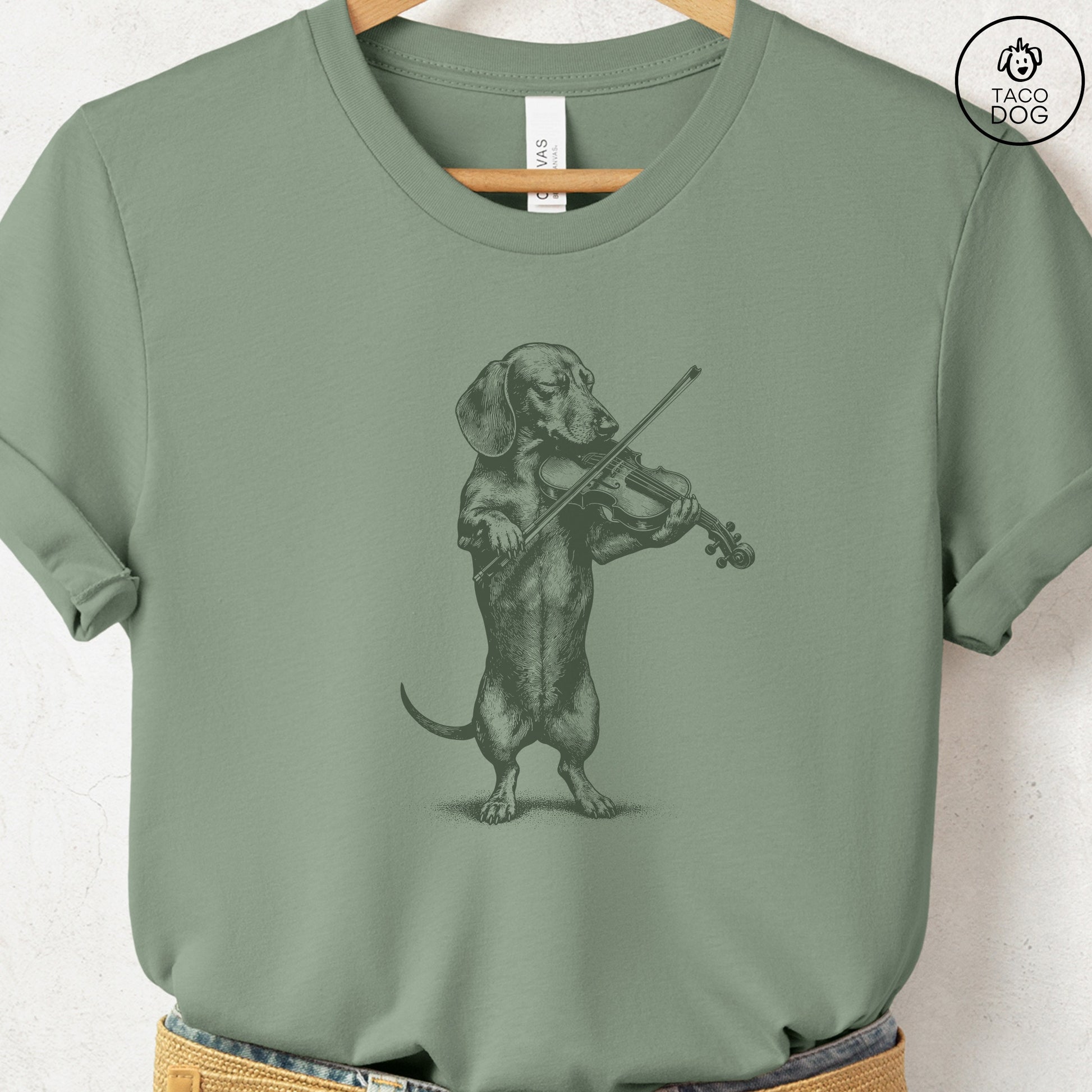 Dachshund Violin T-Shirt Sage S Taco-Dog
