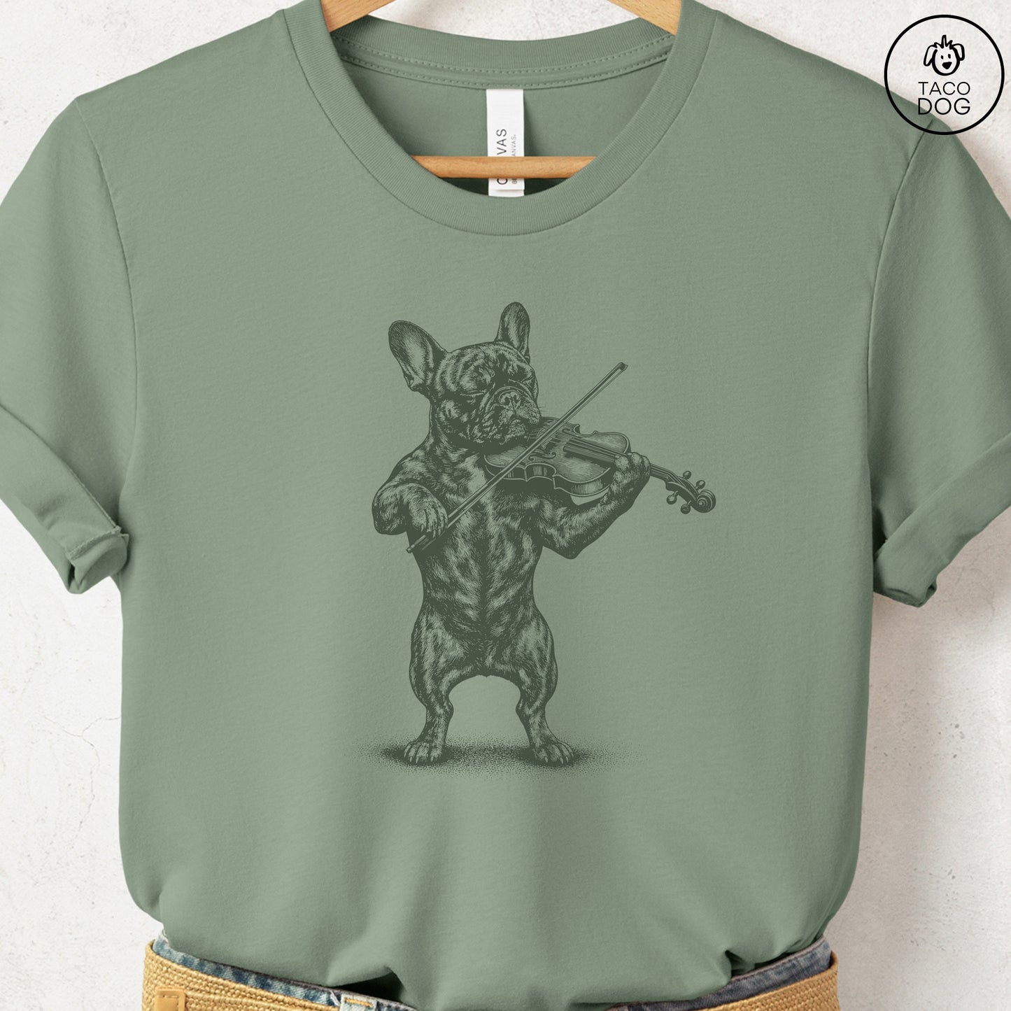 French Bulldog Frenchie Violin T-Shirt Sage S Taco-Dog