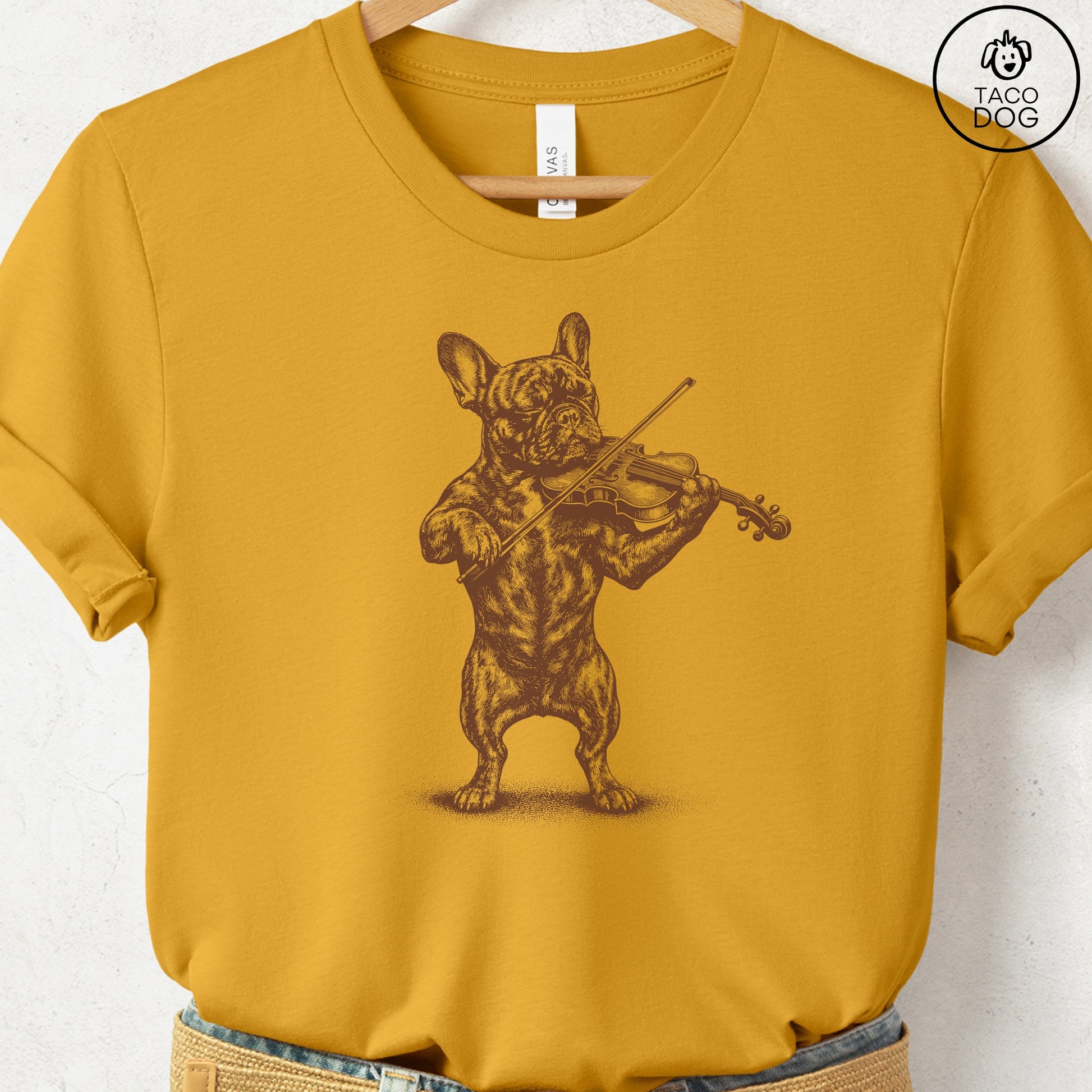 French Bulldog Frenchie Violin T-Shirt Mustard S Taco-Dog