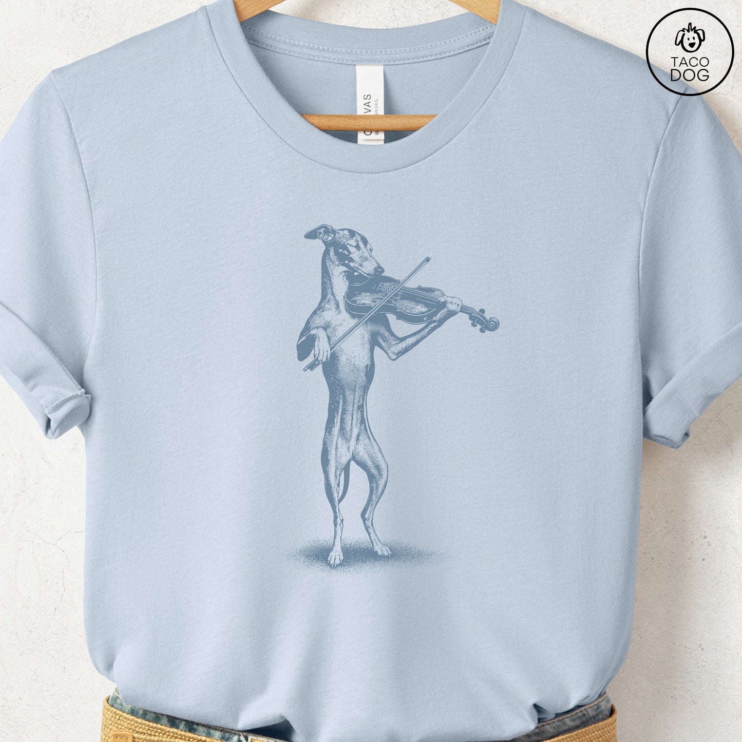 Italian Greyhound Whippet Violin T-Shirt Light Blue Taco-Dog