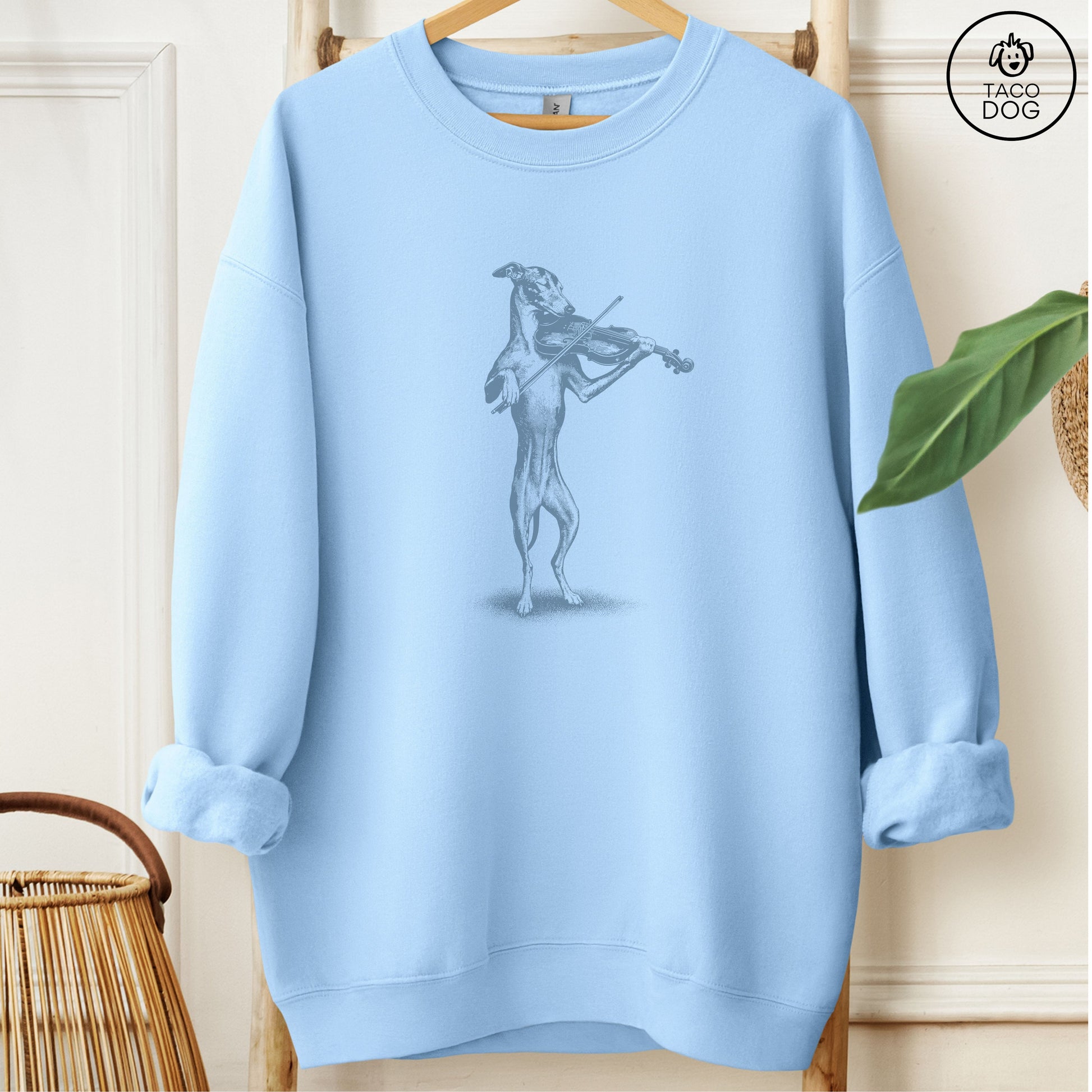 Italian Greyhound Whippet Violin Sweatshirt Light Blue Taco-Dog