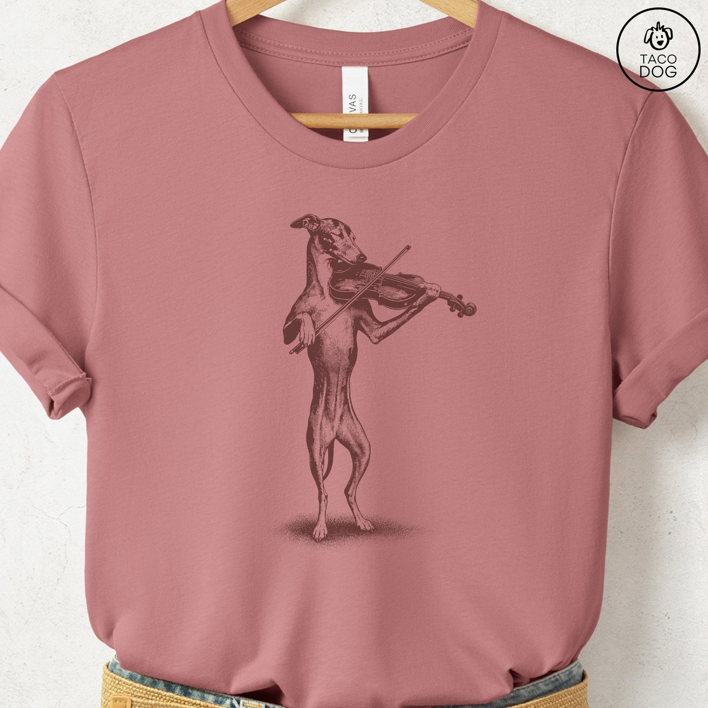 Italian Greyhound Whippet Violin T-Shirt Heather Mauve Taco-Dog