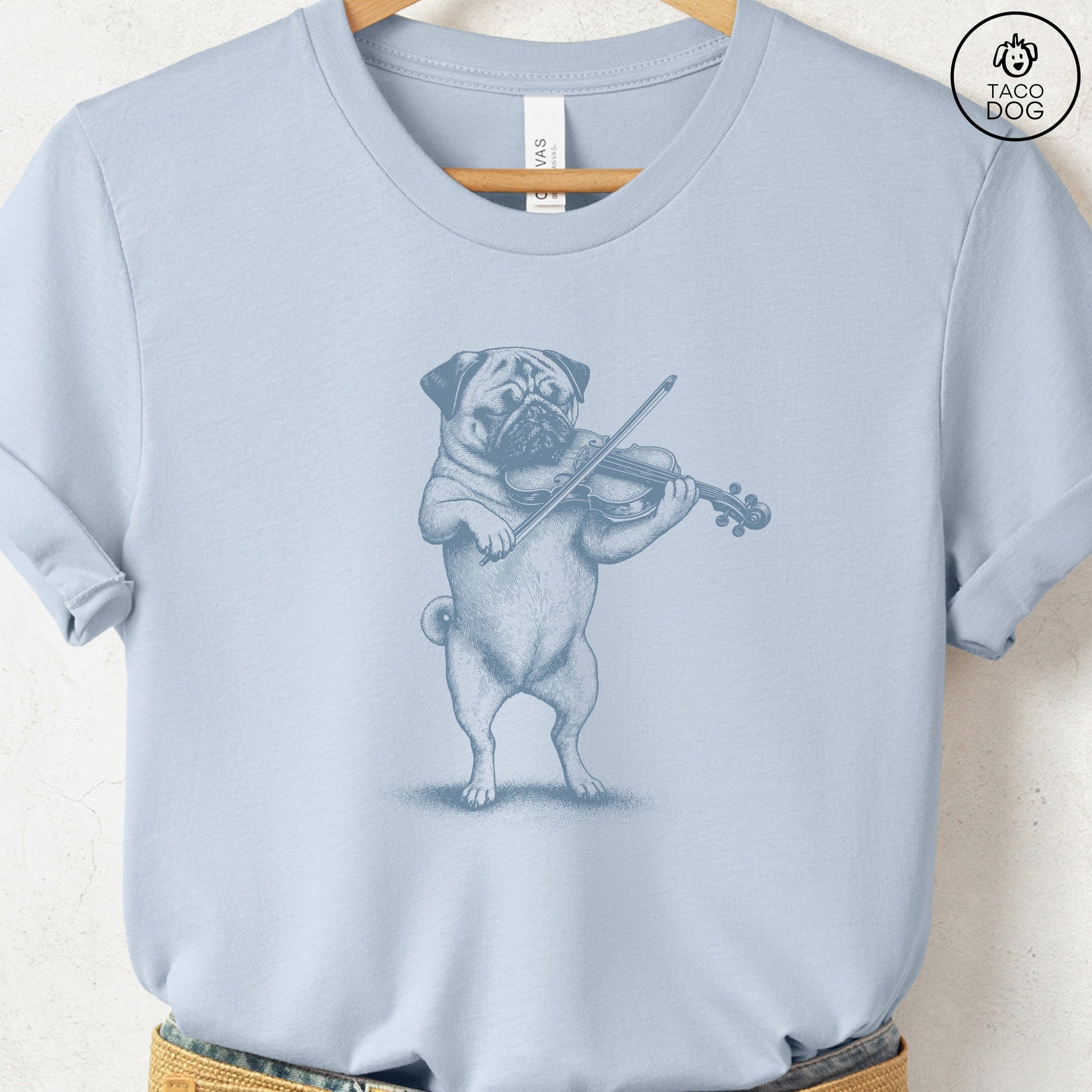 Pug Violin T-Shirt Light Blue S Taco-Dog