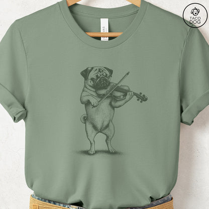 Pug Violin T-Shirt Sage S Taco-Dog