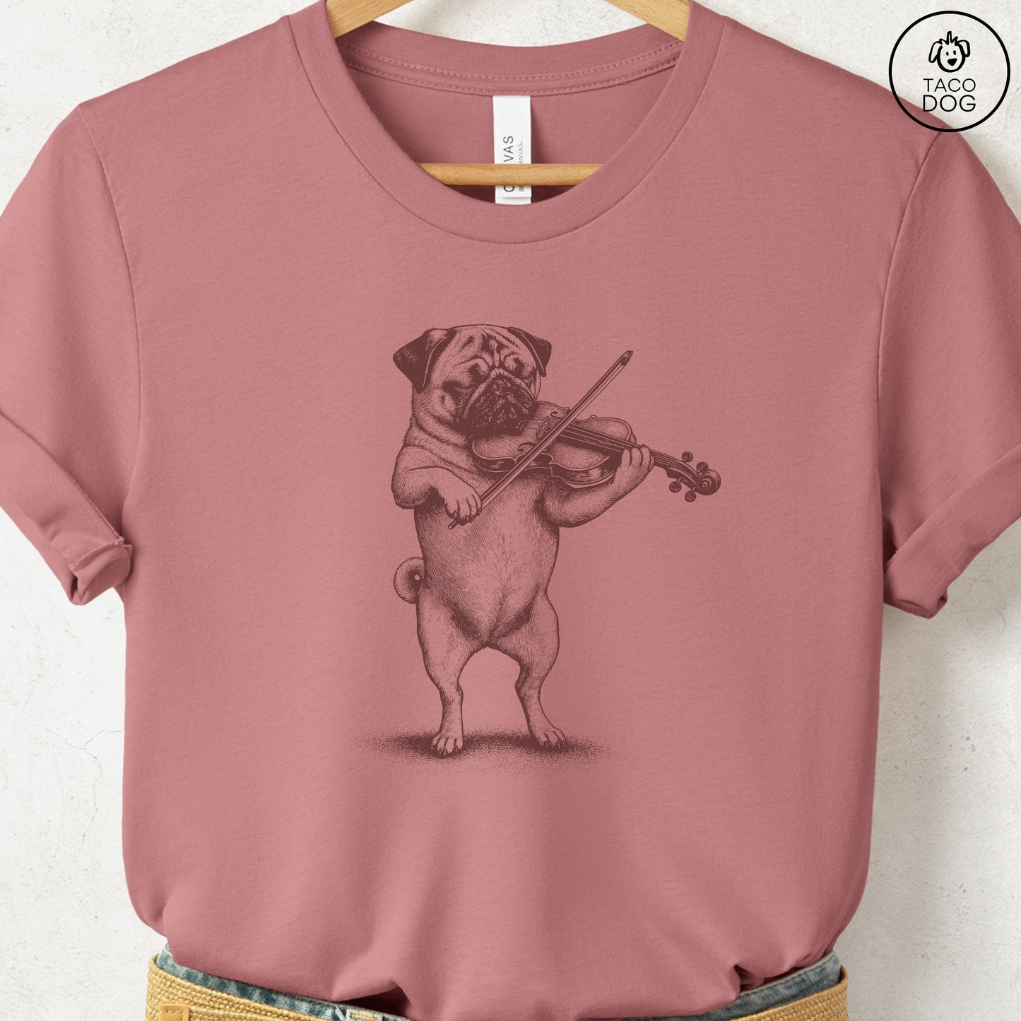 Pug Violin T-Shirt Heather Mauve S Taco-Dog