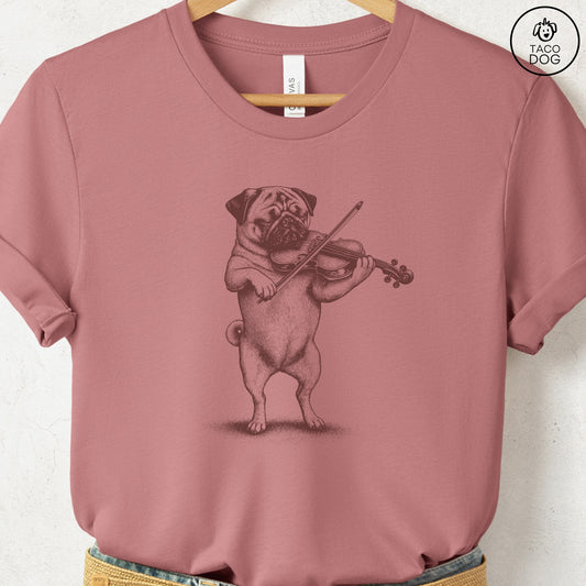 Pug Violin T-Shirt Heather Mauve S Taco-Dog