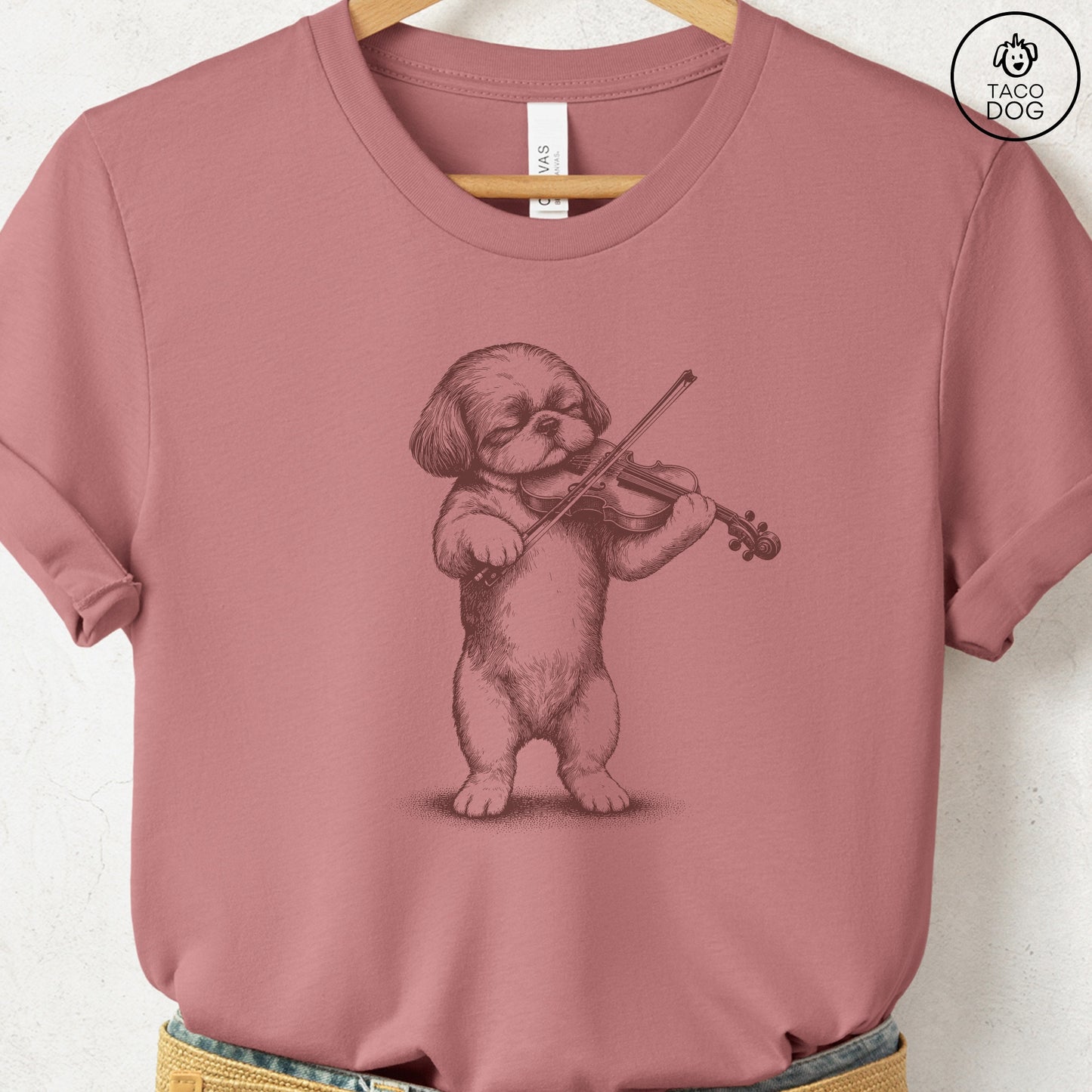 Shih Tzu Violin T-Shirt Heather Mauve S Taco-Dog