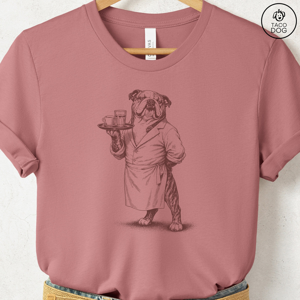 English Bulldog Waiter T-Shirt, design close-up
