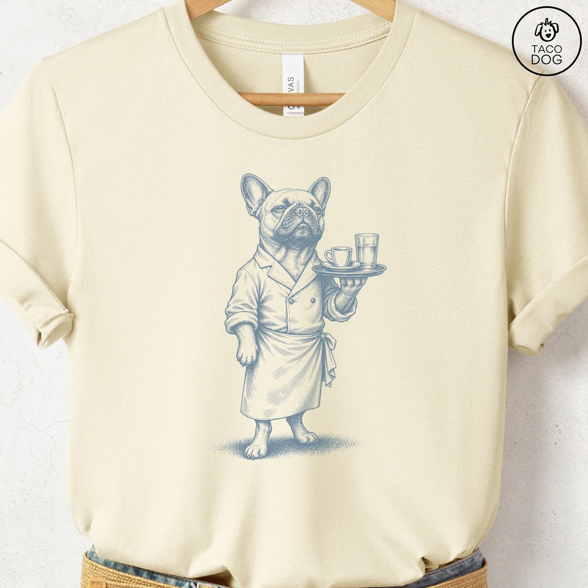 French Bulldog Frenchie Waiter T-Shirt, design close-up