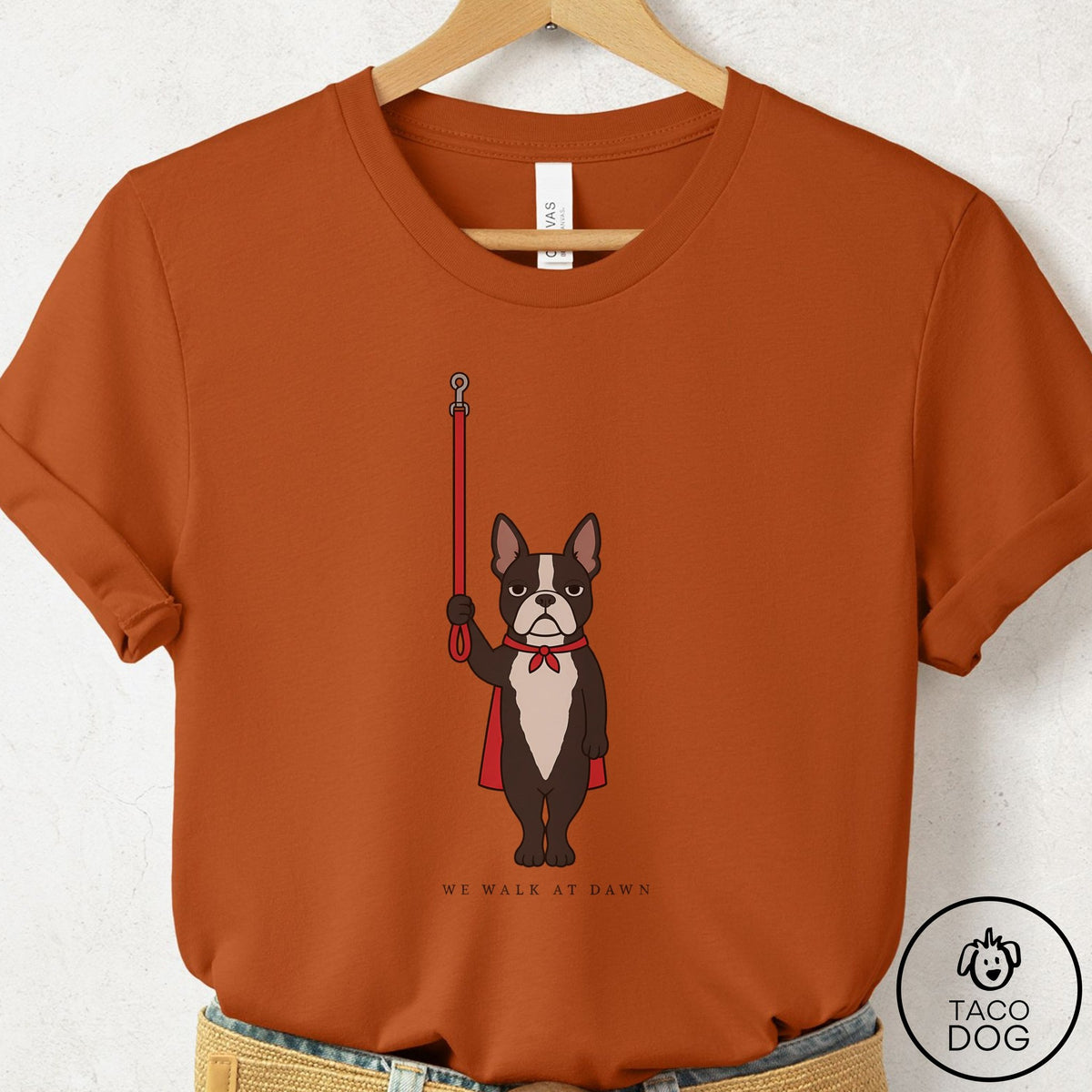 Boston Terrier We Walk At Dawn T-Shirt Autumn Taco-Dog