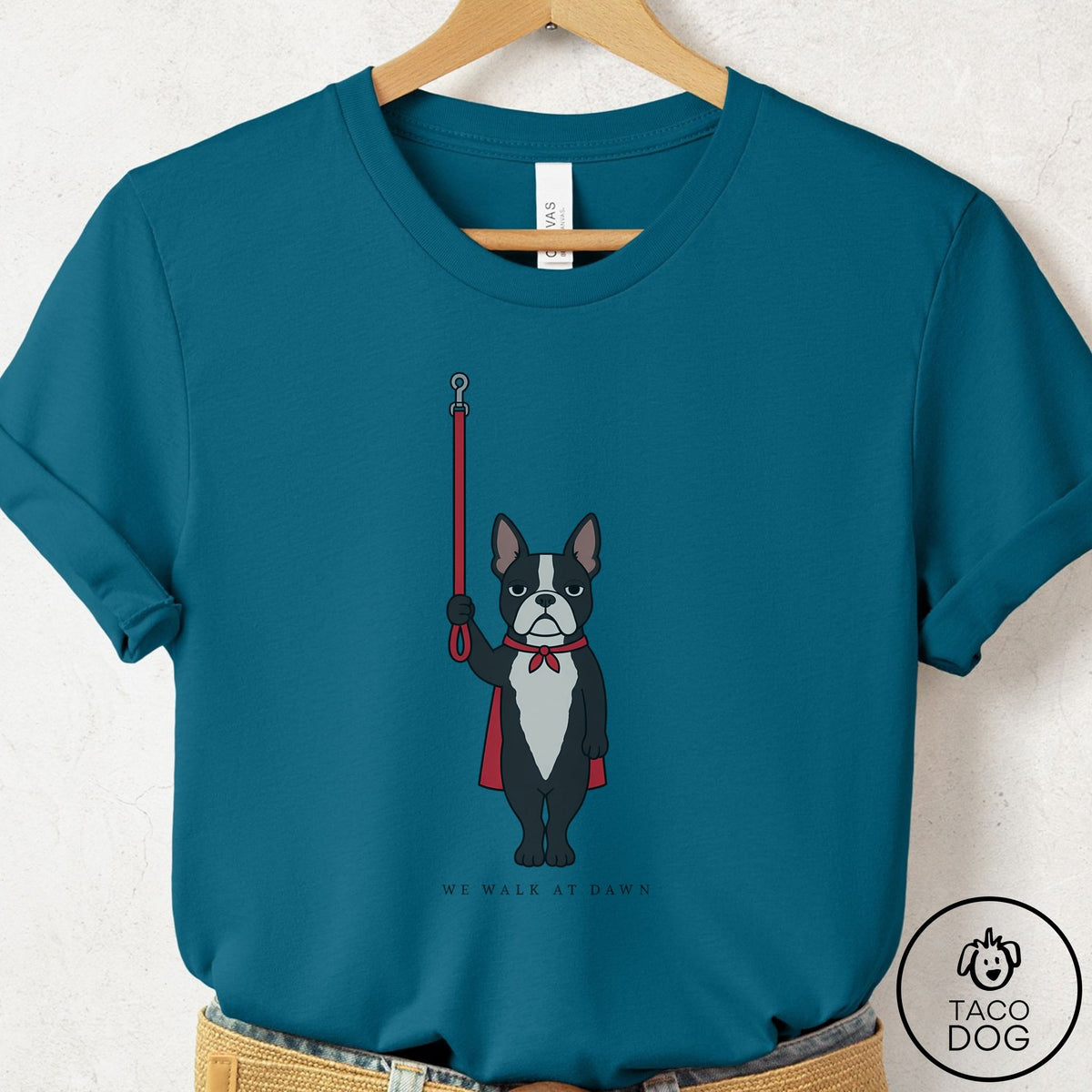 Boston Terrier We Walk At Dawn T-Shirt Deep Teal Taco-Dog