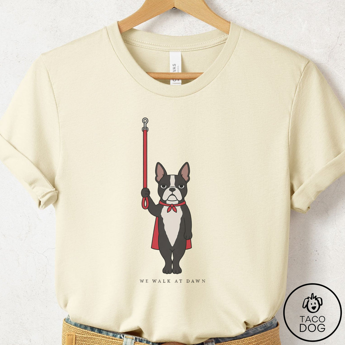 Boston Terrier We Walk At Dawn T-Shirt Natural Taco-Dog