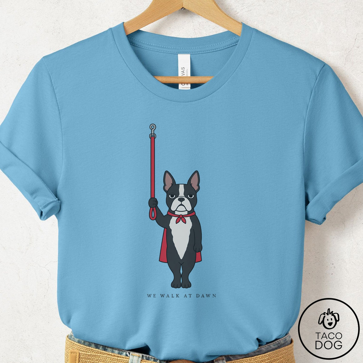 Boston Terrier We Walk At Dawn T-Shirt Ocean Blue Taco-Dog