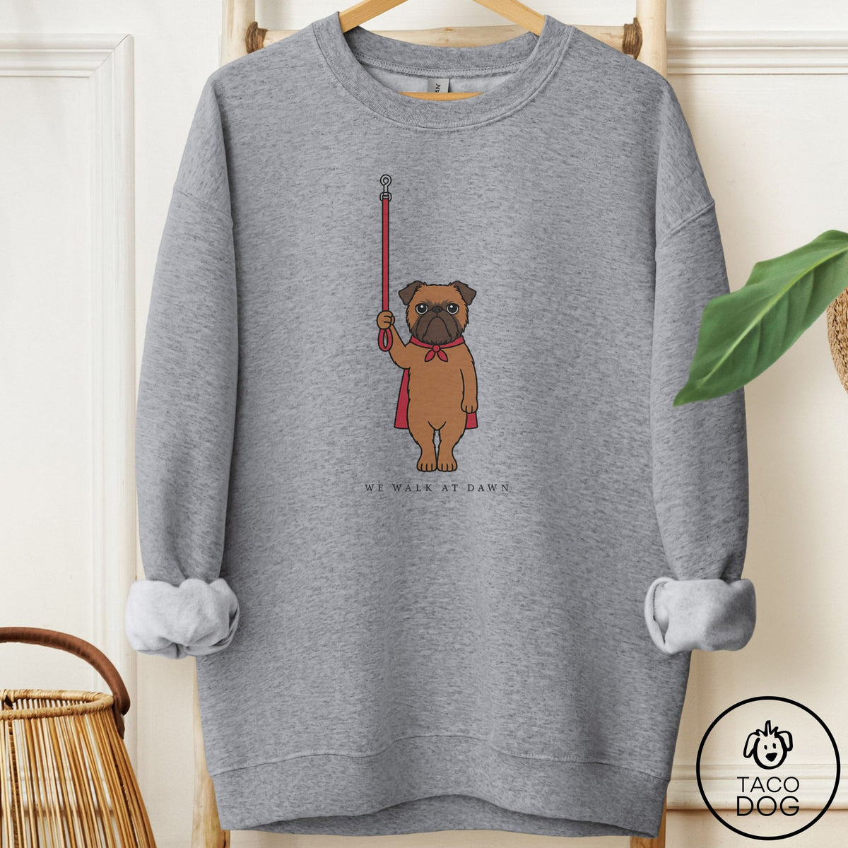 Brussels Griffon We Walk At Dawn Sweatshirt Graphite Heather Taco-Dog