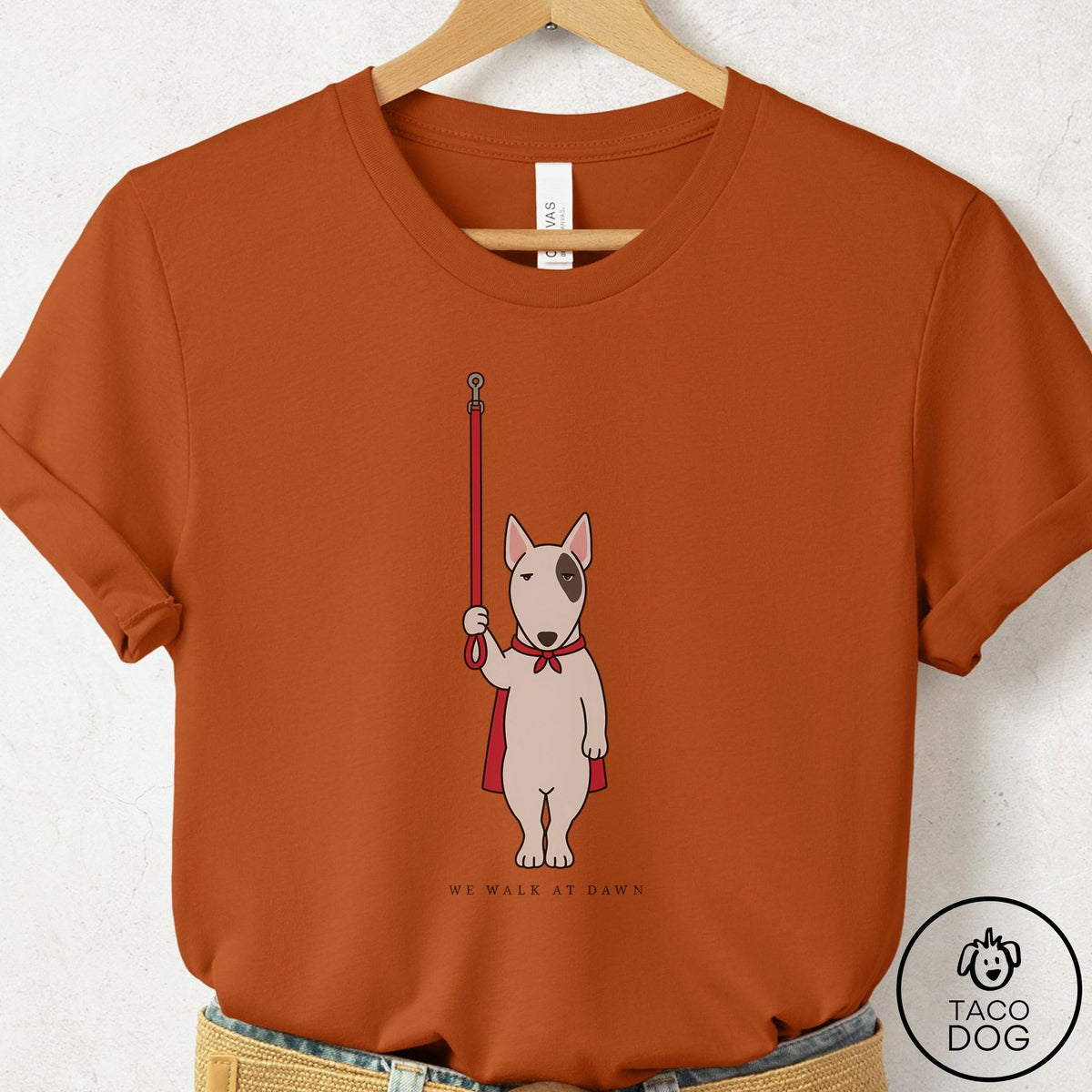 Bull Terrier We Walk At Dawn T-Shirt Autumn Taco-Dog