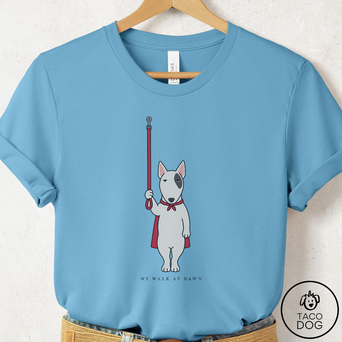 Bull Terrier We Walk At Dawn T-Shirt Ocean Blue Taco-Dog