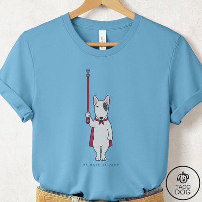 Bull Terrier We Walk At Dawn T-Shirt Ocean Blue Taco-Dog