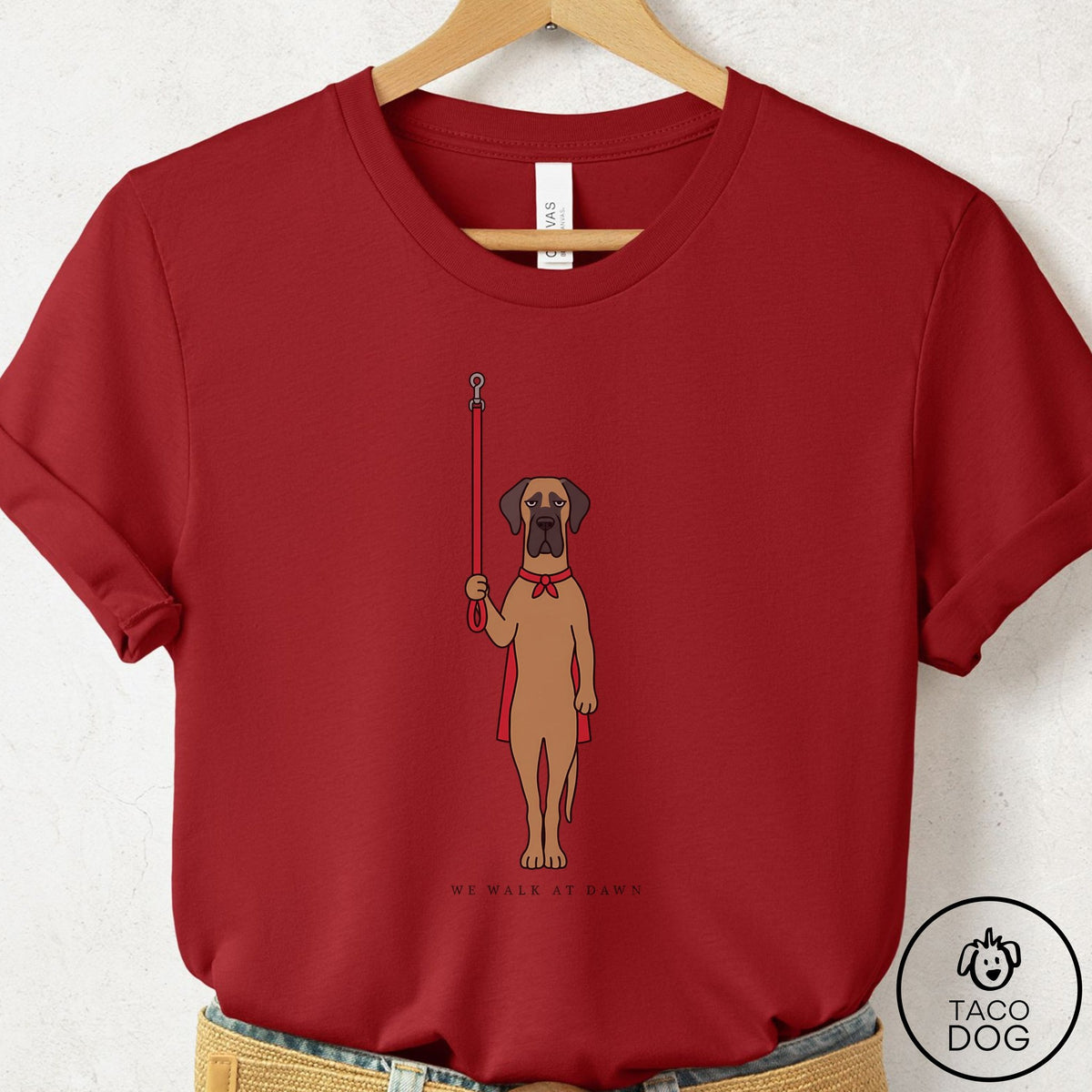 Great Dane We Walk At Dawn T-Shirt Canvas Red Taco-Dog