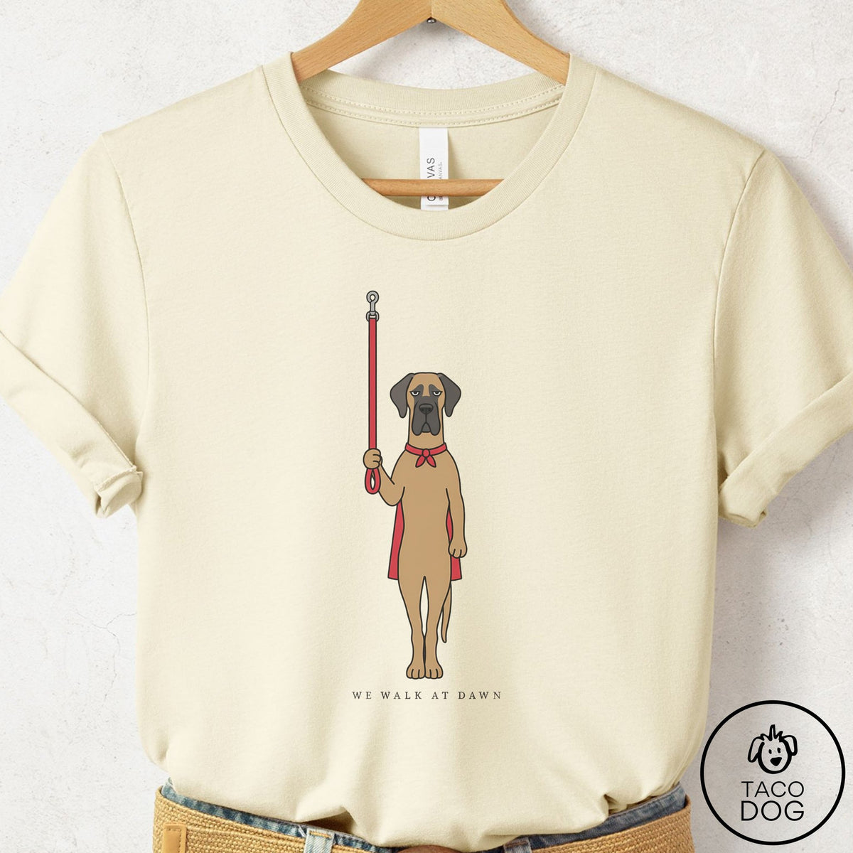 Great Dane We Walk At Dawn T-Shirt Natural Taco-Dog