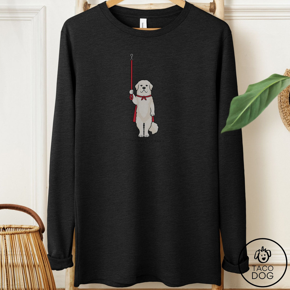 Great Pyrenees We Walk At Dawn Long Sleeve Tee Black Heather Taco-Dog