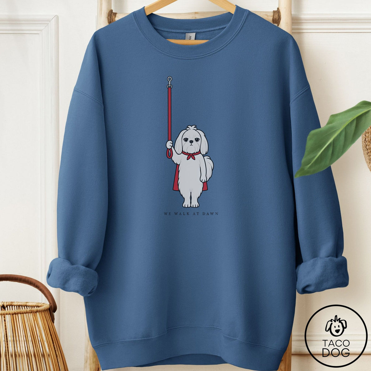 Maltese We Walk At Dawn Sweatshirt Indigo Blue Taco-Dog
