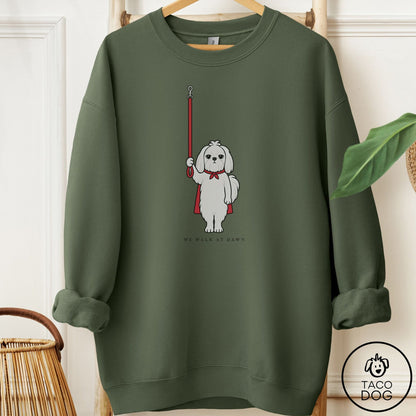 Maltese We Walk At Dawn Sweatshirt Military Green Taco-Dog