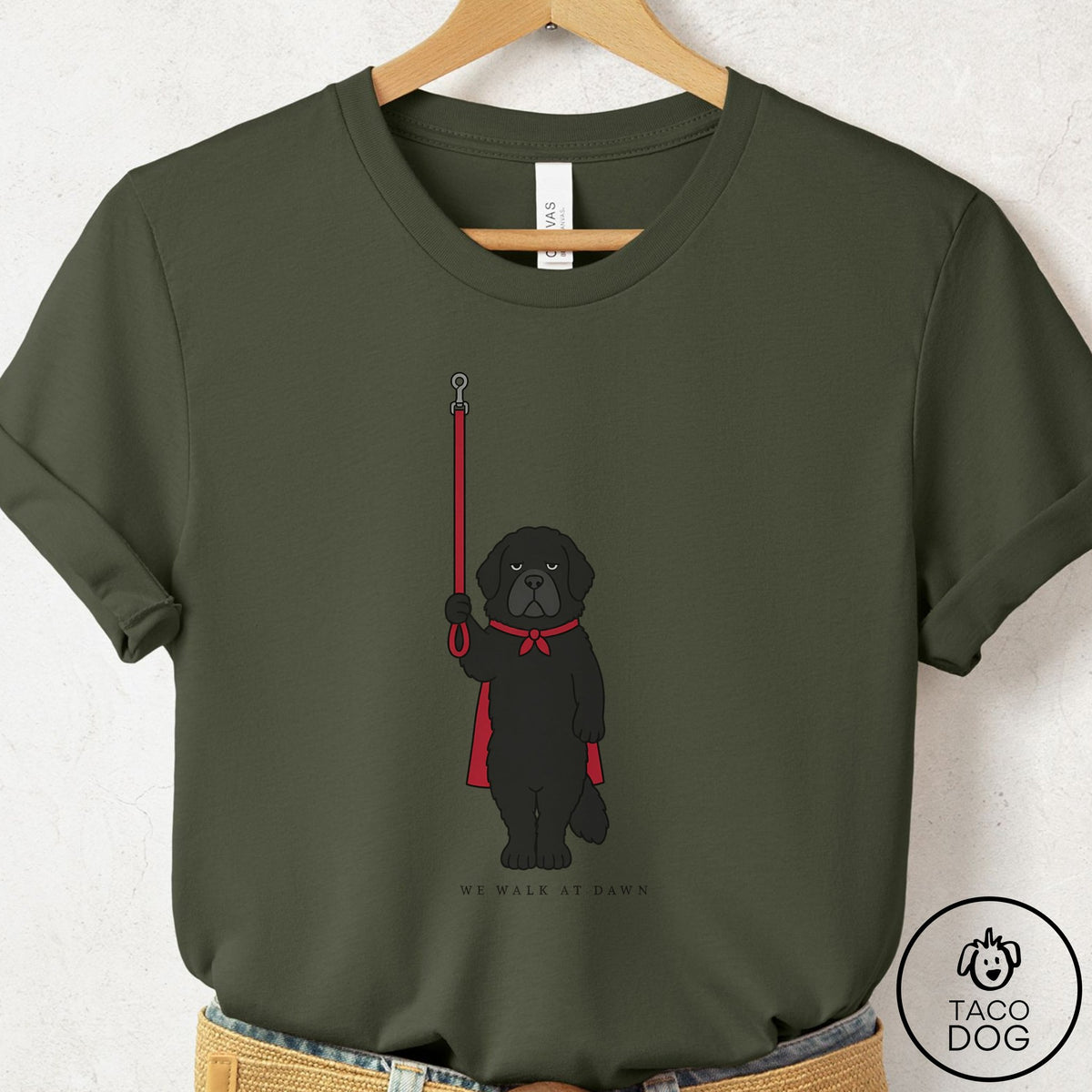 Newfoundland We Walk At Dawn T-Shirt Military Green Taco-Dog