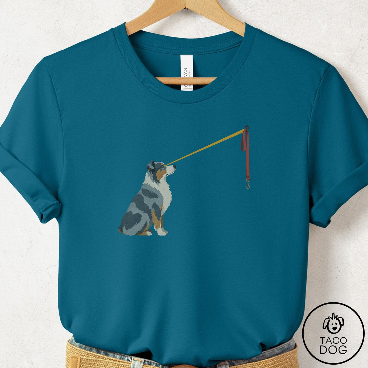 Australian Shepherd Willpower Leash T-Shirt Deep Teal Taco-Dog