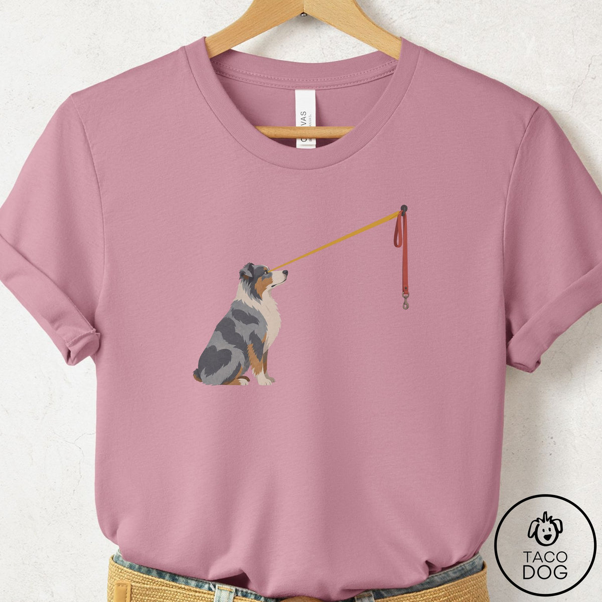 Australian Shepherd Willpower Leash T-Shirt Orchid Taco-Dog