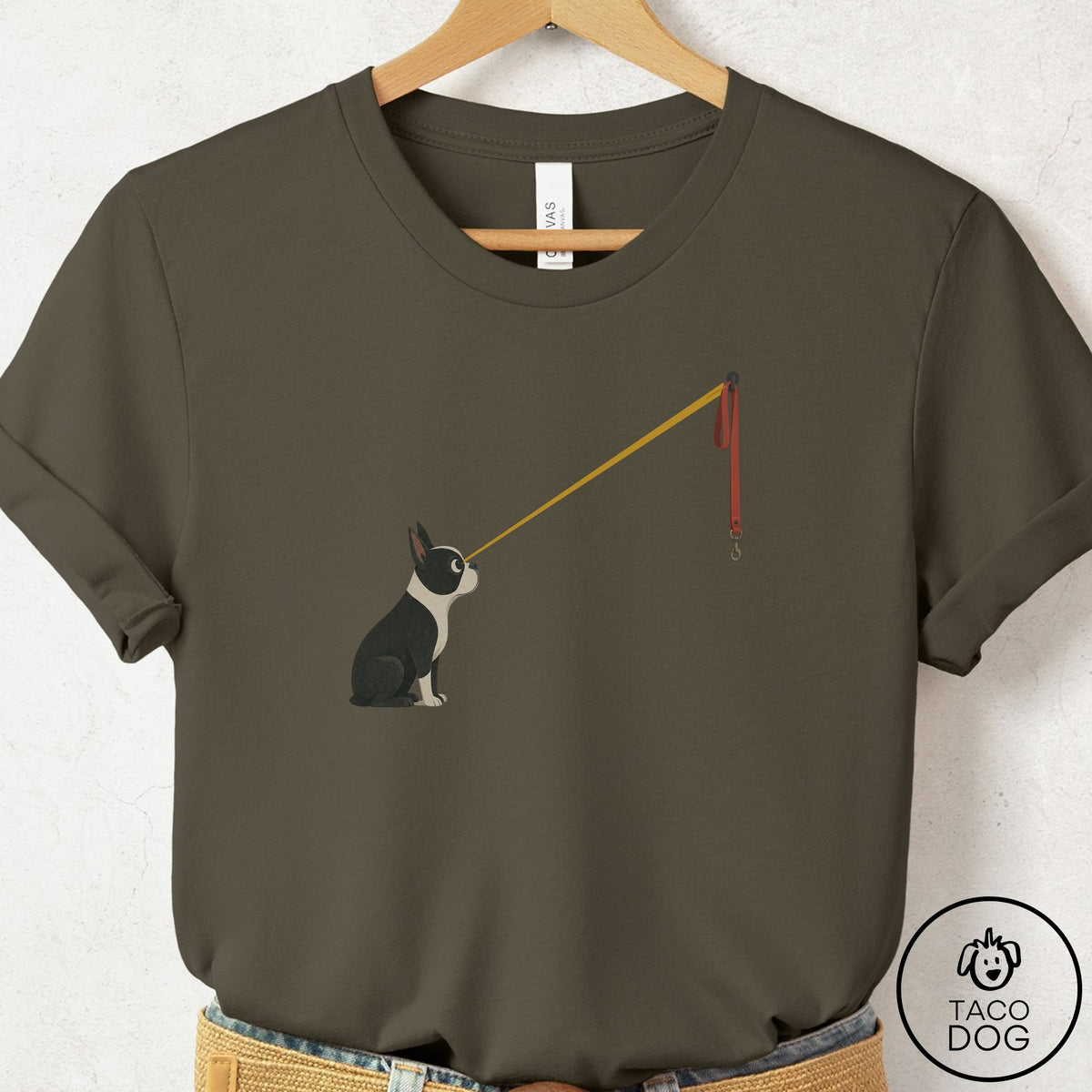 Boston Terrier Willpower Leash T-Shirt Army Taco-Dog