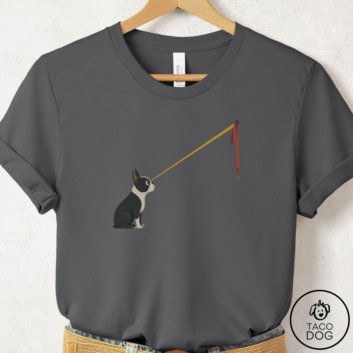 Boston Terrier Willpower Leash T-Shirt Asphalt Taco-Dog