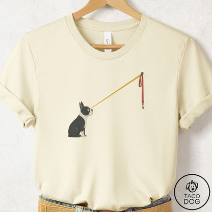 Boston Terrier Willpower Leash T-Shirt Natural Taco-Dog