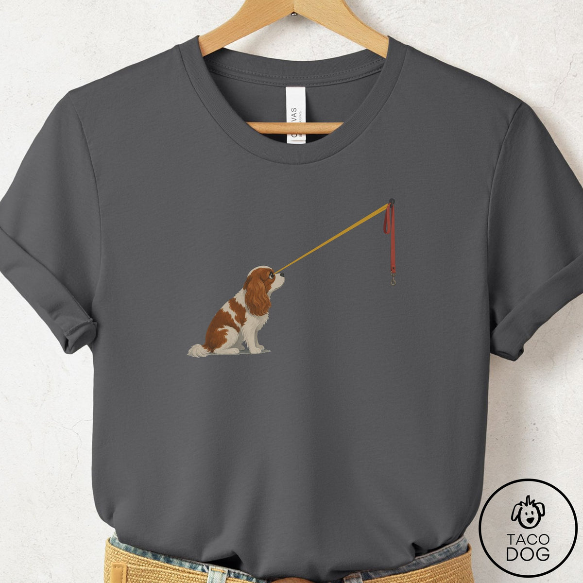 Cavalier King Charles Spaniel Willpower Leash T-Shirt Asphalt Taco-Dog